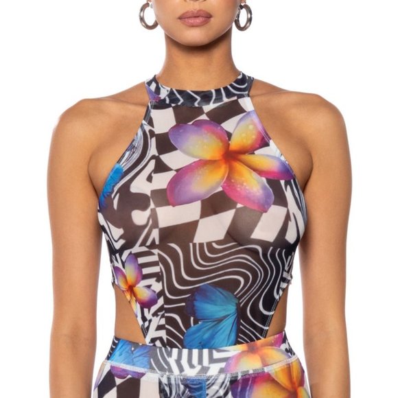 Stasia Land Flowers on the Board: Mesh Sleeveless Mock Neck Bodysuit M L - Picture 2 of 6